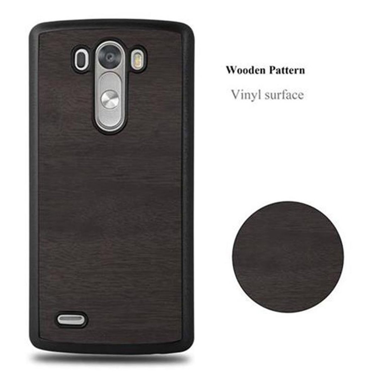Funda de teléfono con patrón de vetas de madera. Un círculo a juego a su lado.