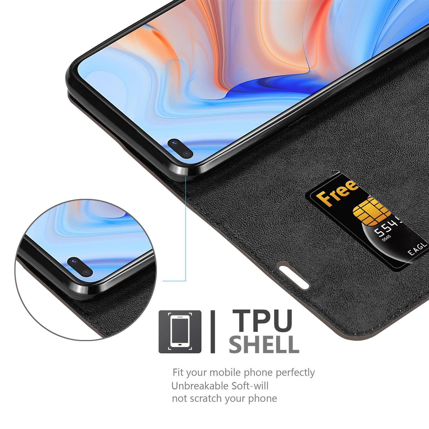 Schwarze Handyhülle mit einem Telefon darin, das die TPU-Schale zeigt.
