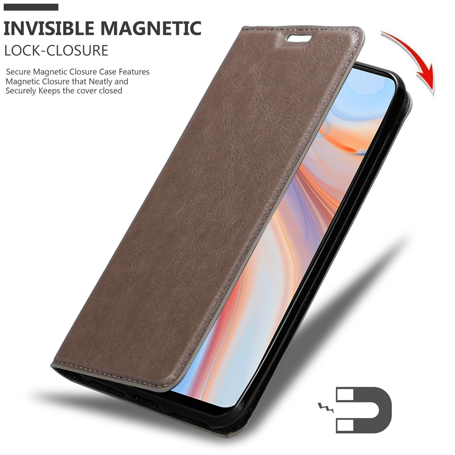 Nahaufnahme einer Handyhülle. Text sagt: Invisible Magnetic Lock-Closure.
