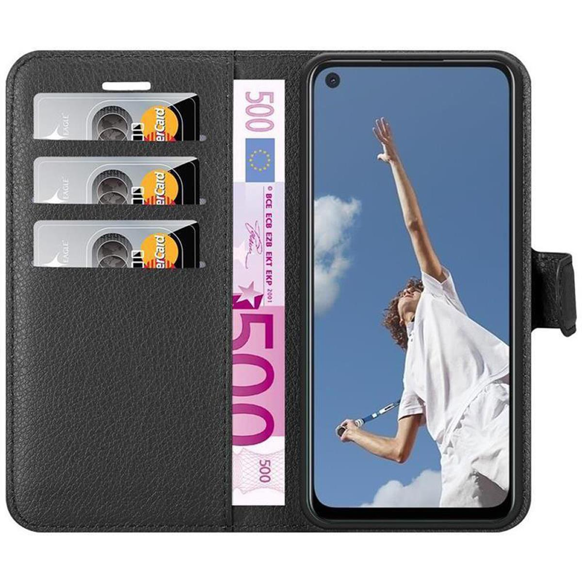 Una custodia nera con un telefono e slot per schede. Il telefono mostra una foto di un uomo.