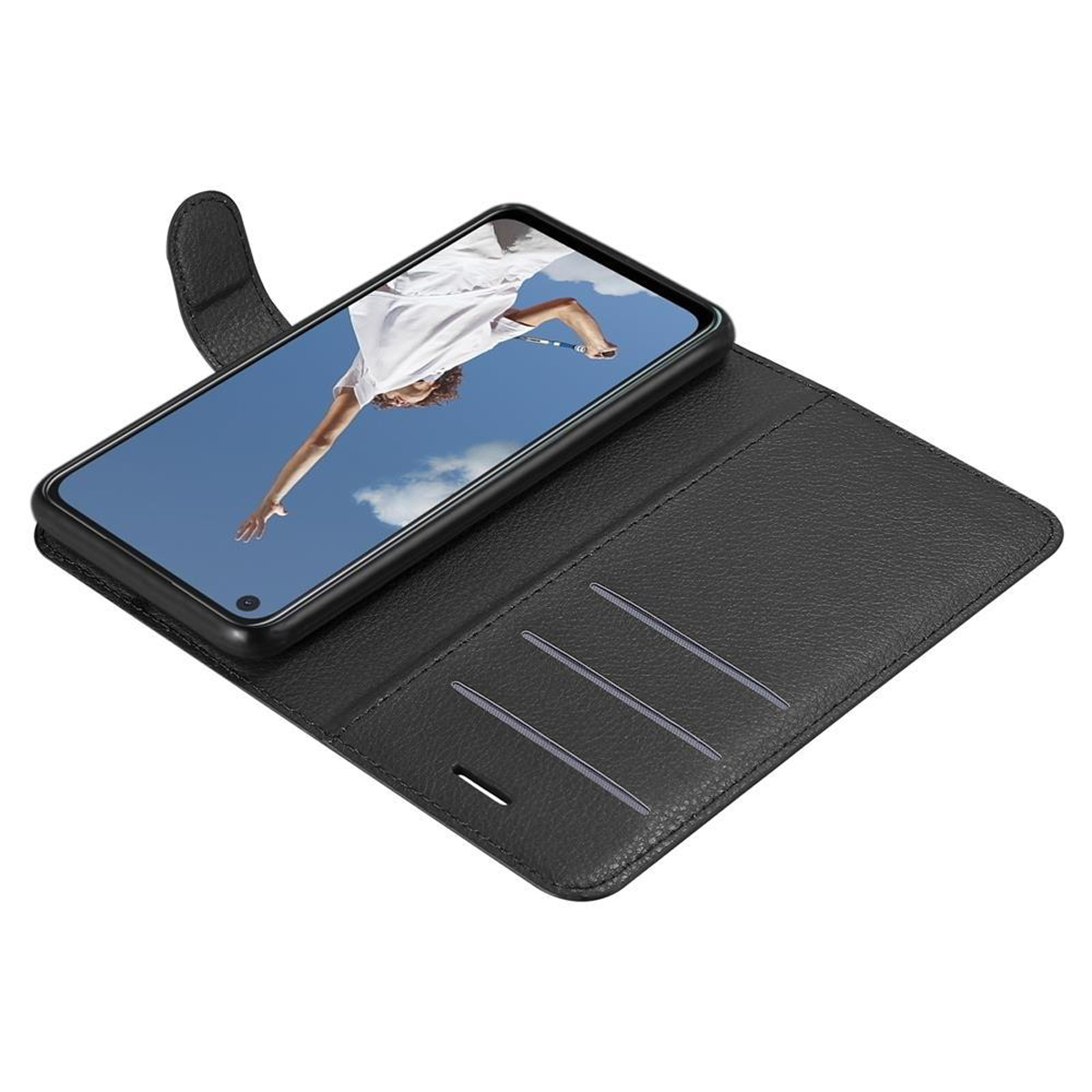 Telefono nero in custodia folio aperta. Il telefono mostra l'immagine di una persona che raggiunge il cielo blu.
