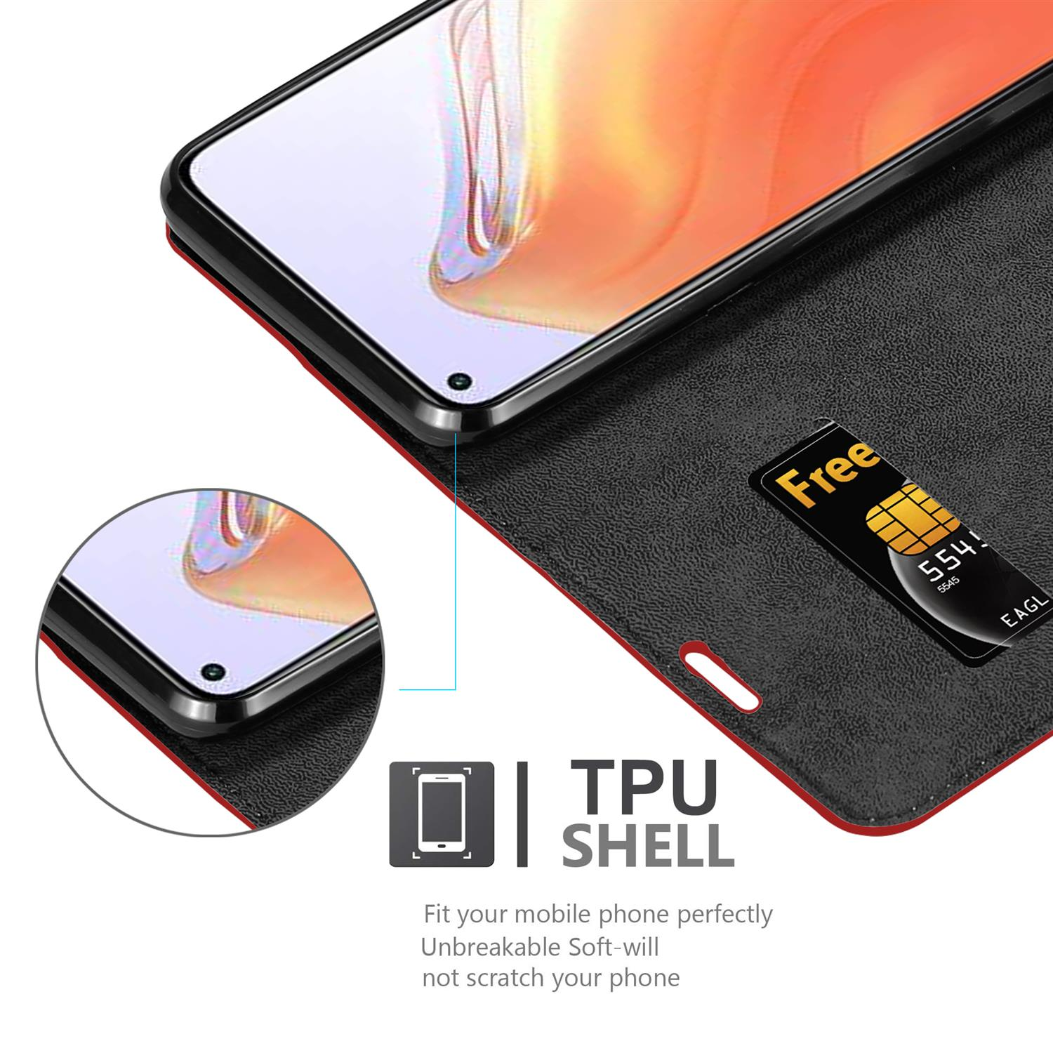 Custodia nera aperta, mostra telefono. Include SIM. Testo: TPU SHELL.