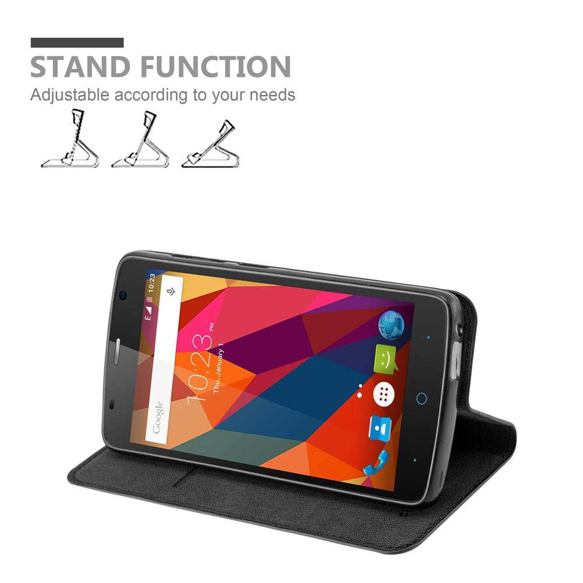 Teléfono en funda negra, abierto, con pantalla colorida. Gráfico de función de soporte arriba. Fondo blanco.