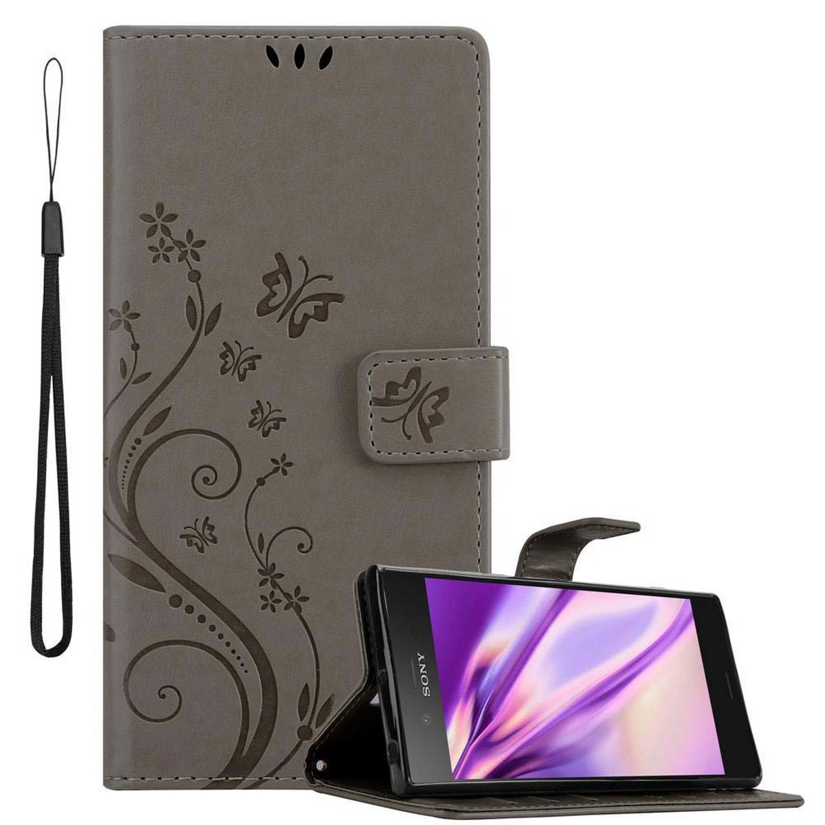 XZ1, Muster GRAU Sony, Xperia Case, FLORAL Bookcover, Flower CADORABO Blumen Hülle