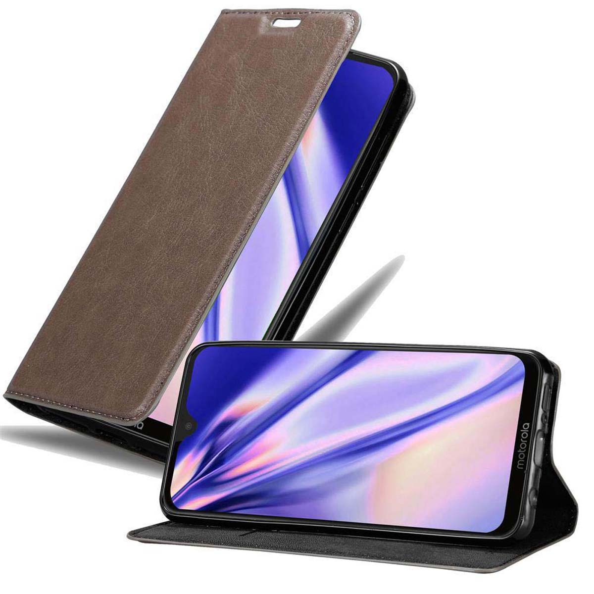 Custodia per telefono marrone aperta e chiusa con un telefono Motorola. Sfondo bianco.