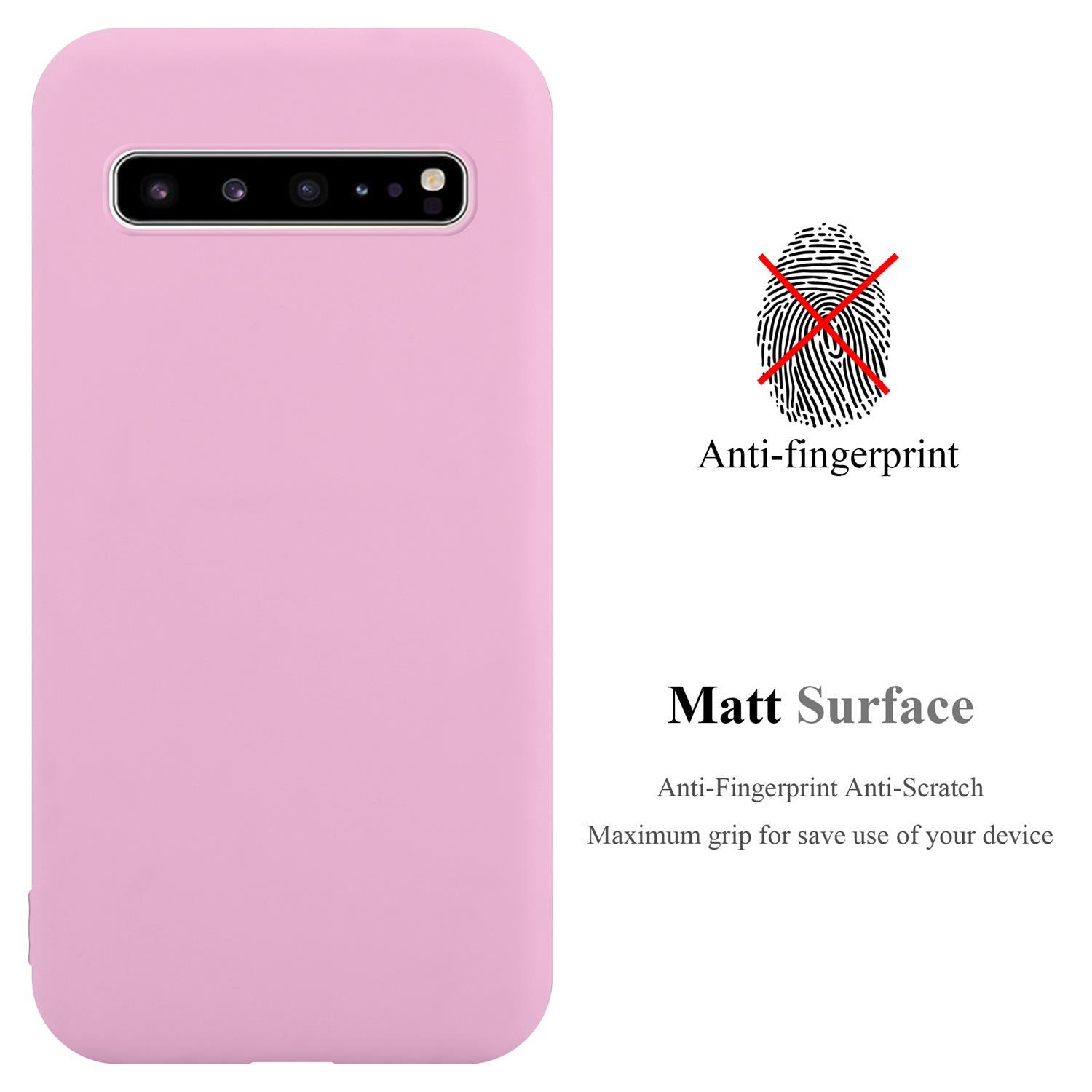 Custodia per telefono rosa. Il retro della custodia del telefono. Il testo dice Superficie opaca. Anti-impronte e antigraffio.