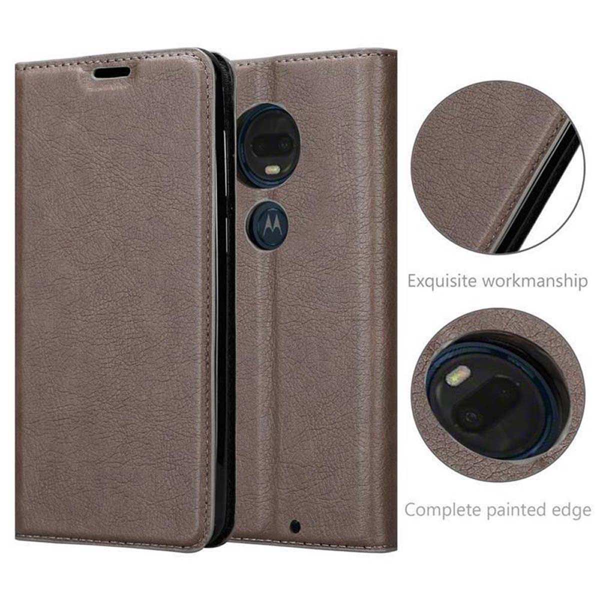 Telefono in custodia in pelle marrone, dettagli ravvicinati. Testo: Esecuzione squisita, bordo verniciato completo.