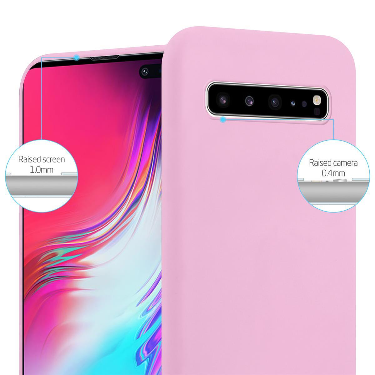 Custodia per telefono rosa, primo piano. Mostra i bordi della fotocamera e dello schermo, con etichette che indicano la protezione rialzata.