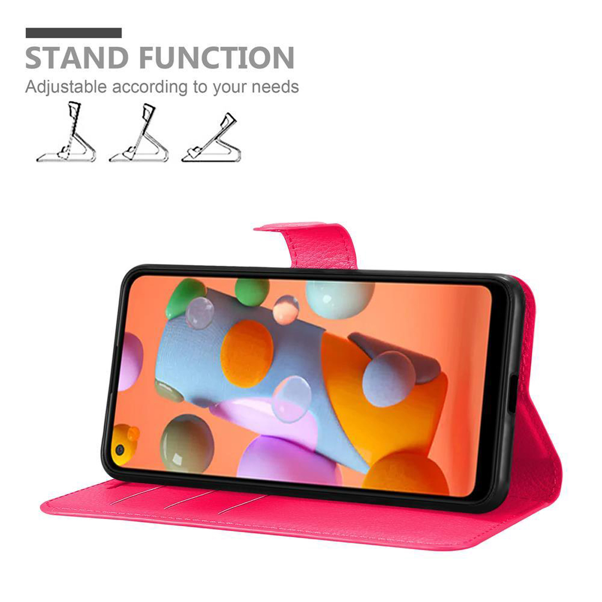 Custodia per telefono rosa con il telefono all'interno. Lo schermo del telefono mostra un'immagine astratta colorata.