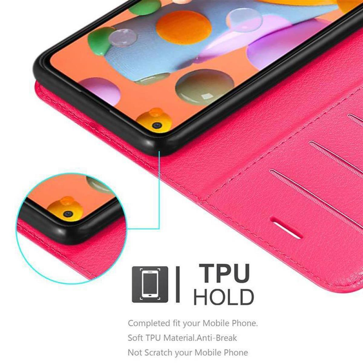 Custodia rosa per telefono con telefono nero all'interno, con testo "TPU HOLD".
