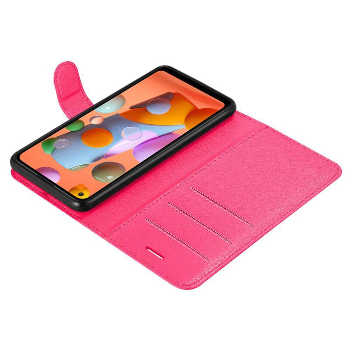 Custodia rosa aperta con telefono, icone app. Scomparti per carte.