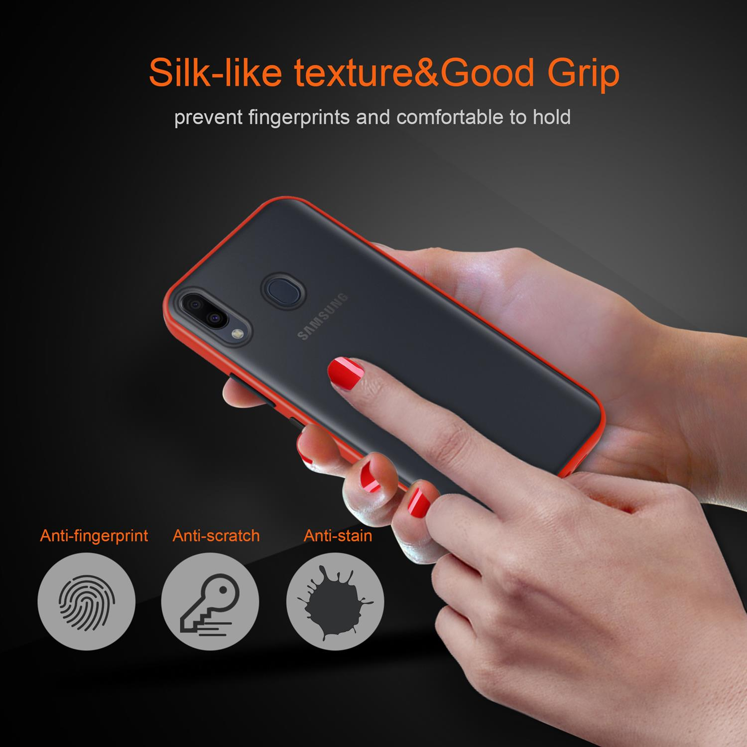 Frau hält schwarze und rote Handyhülle, Text: Seidenartige Textur & Guter Grip. Anti-Fingerprint-Icons.