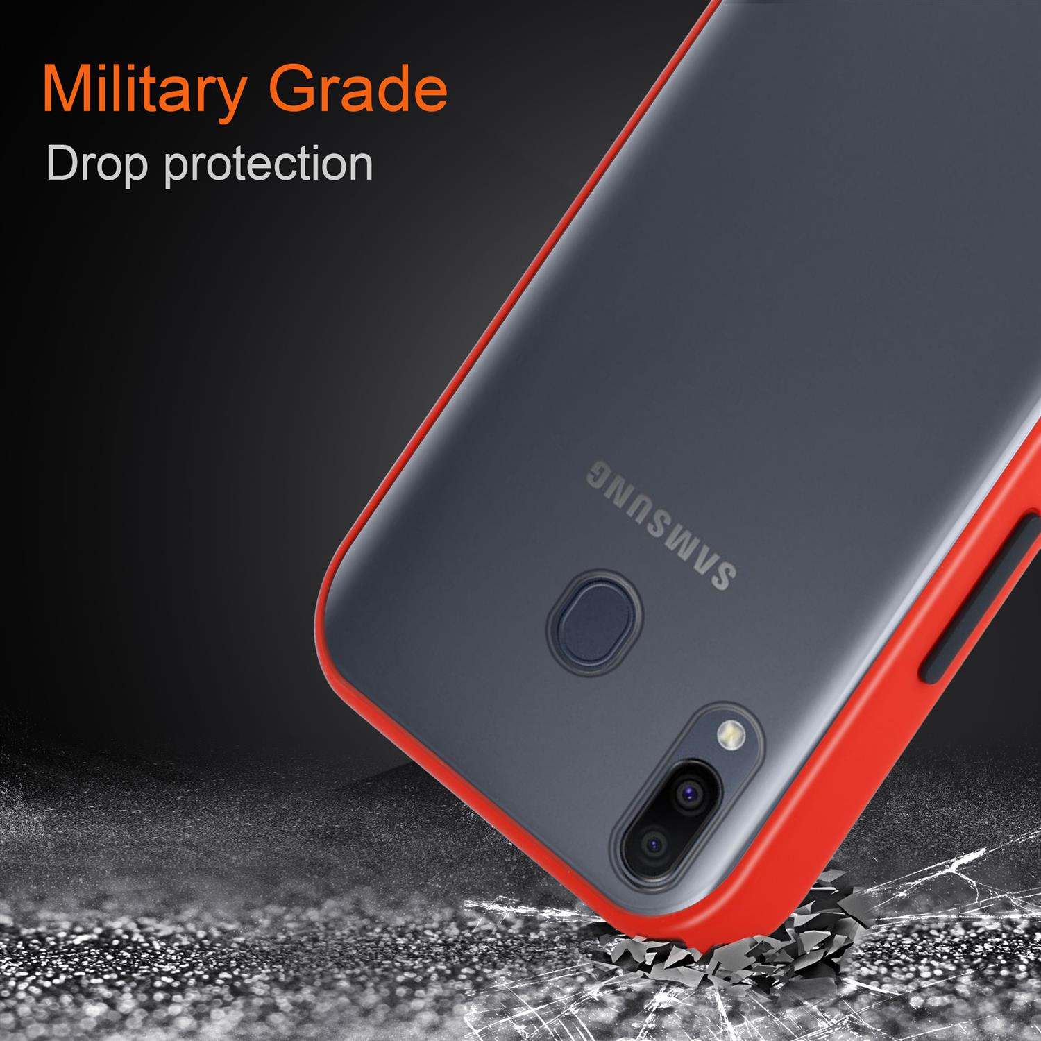 Ein Telefon in einer rot-grauen Hülle. Text: 'Military Grade Drop Protection'.