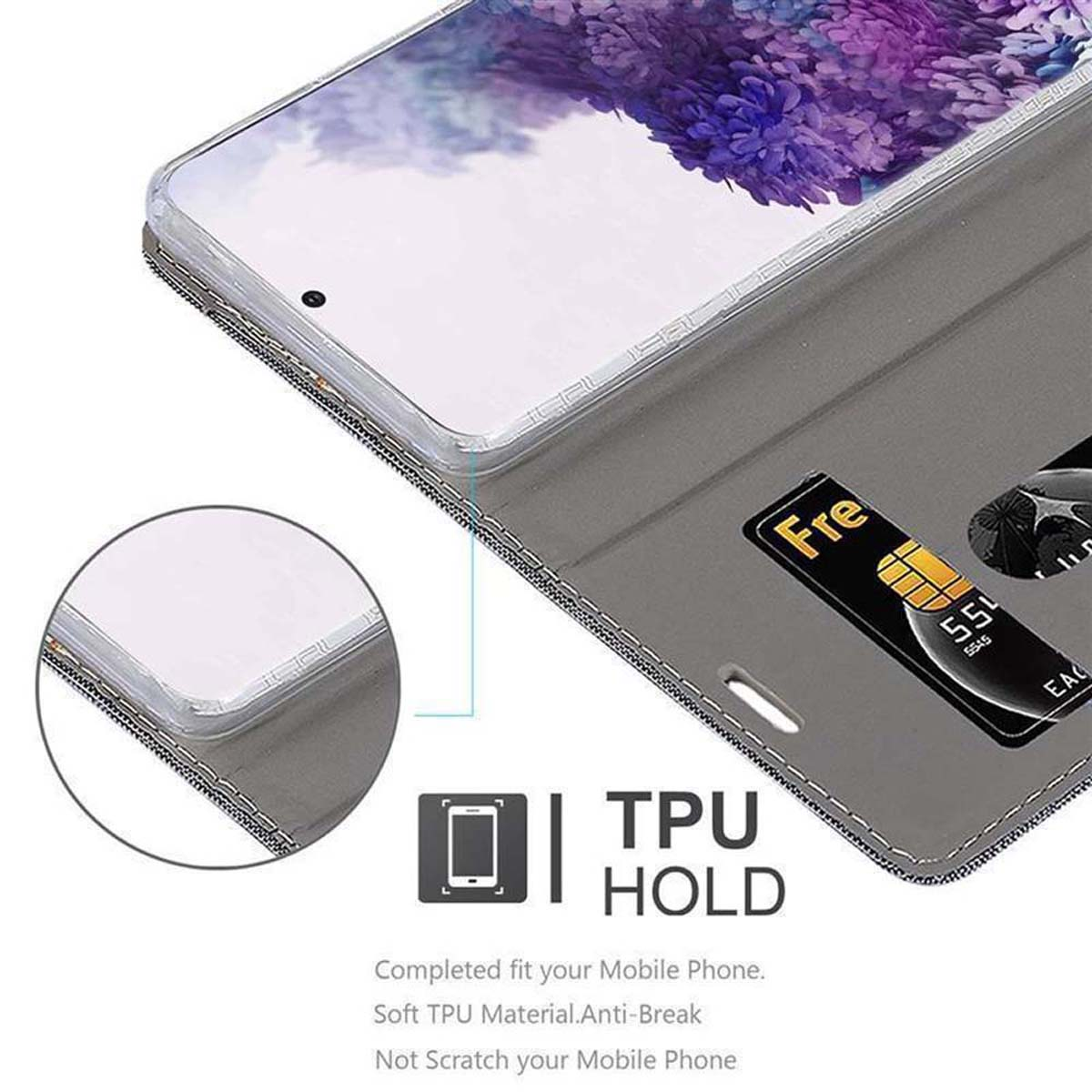 Un telefono è in una custodia grigia con uno slot per schede. La custodia è aperta.