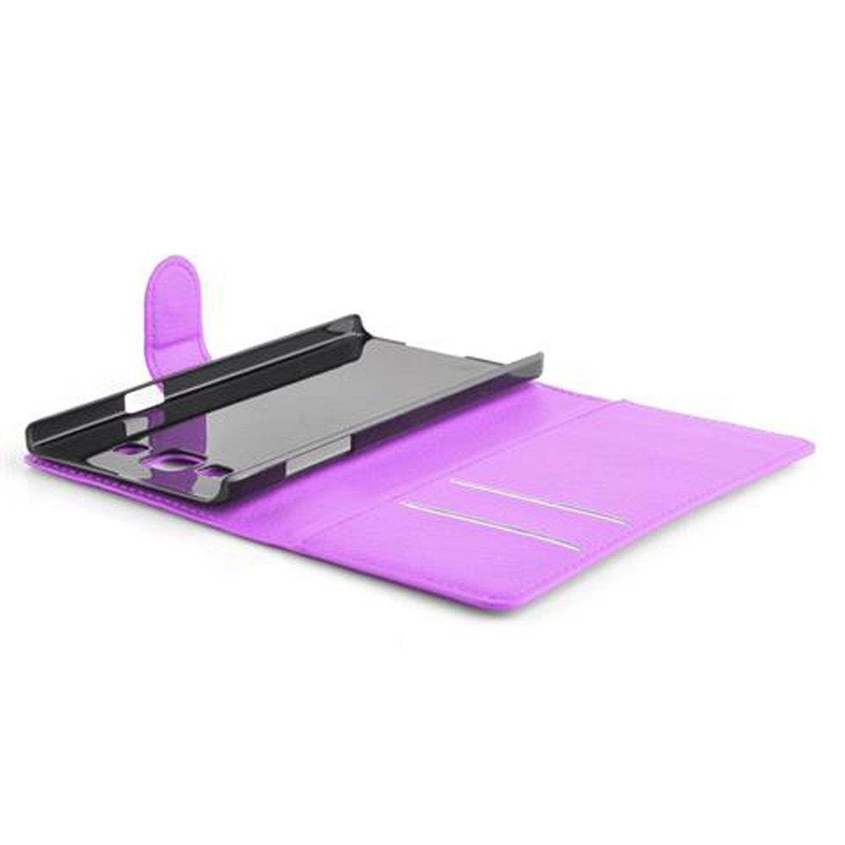 Custodia viola per telefono aperta con telefono nero all'interno. Il telefono è visibile.