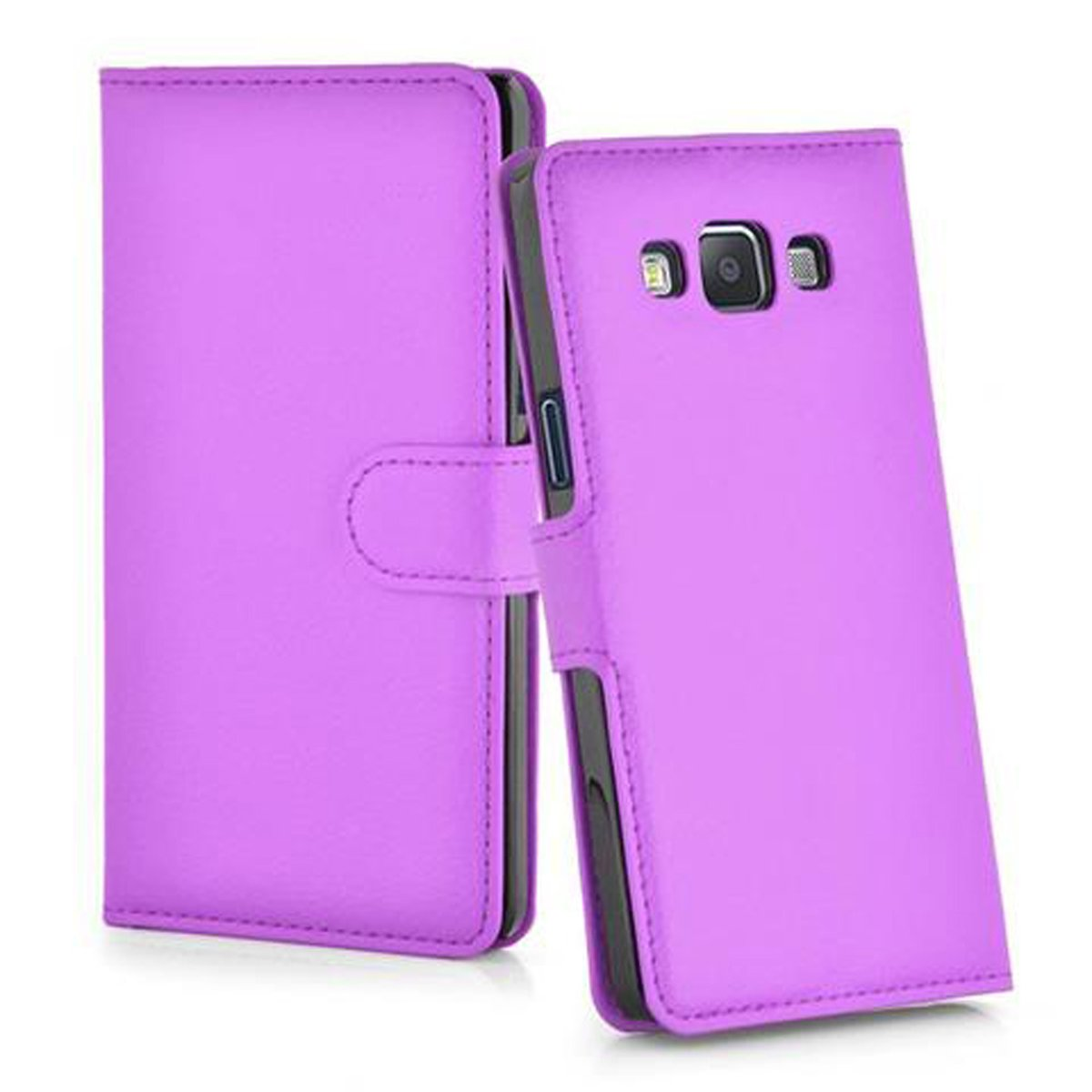 Una custodia viola per telefono in posizione chiusa. La custodia ha un fermaglio ed è in pelle.