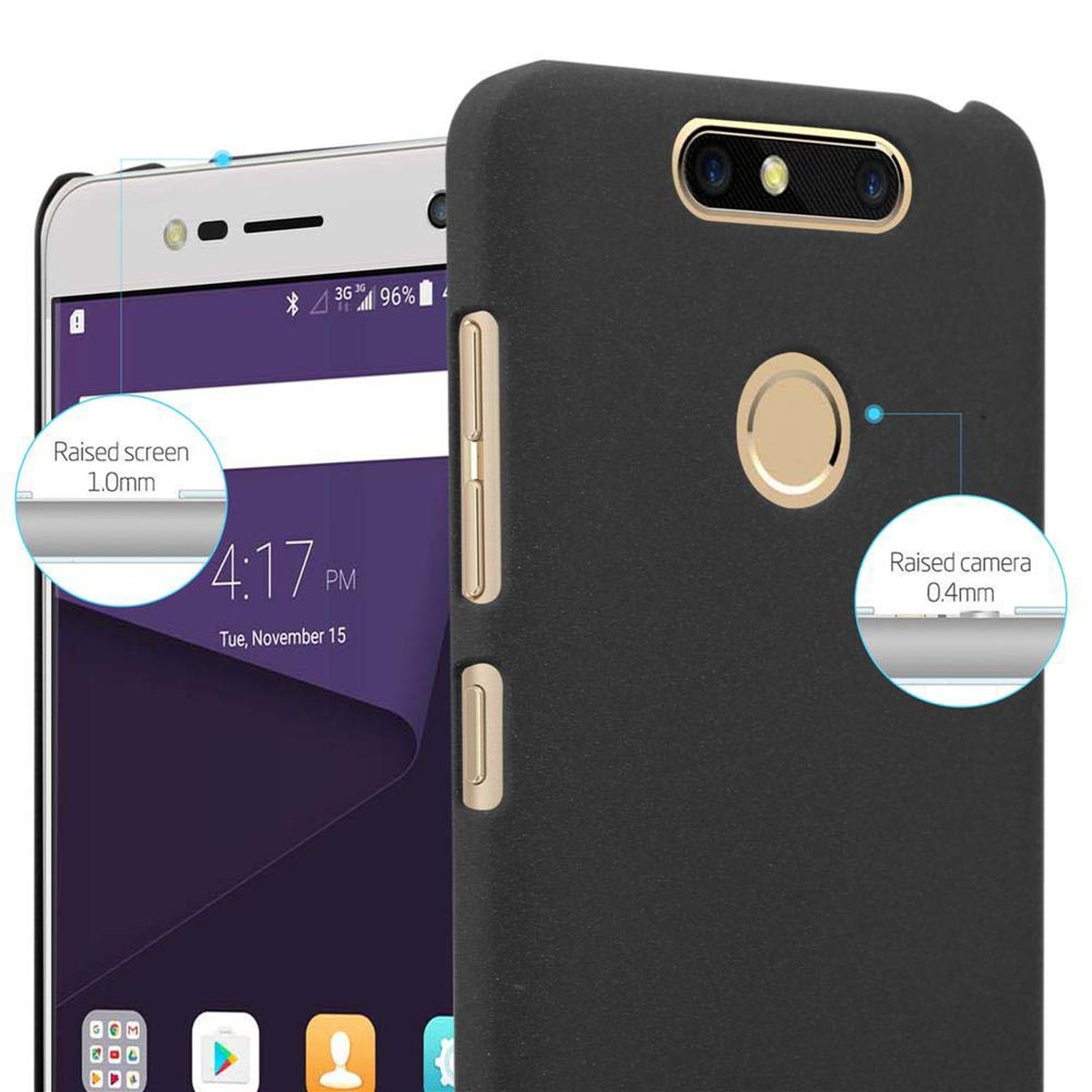 Telefono e custodia neri con schermo e fotocamera rialzati. Il telefono mostra la schermata iniziale.