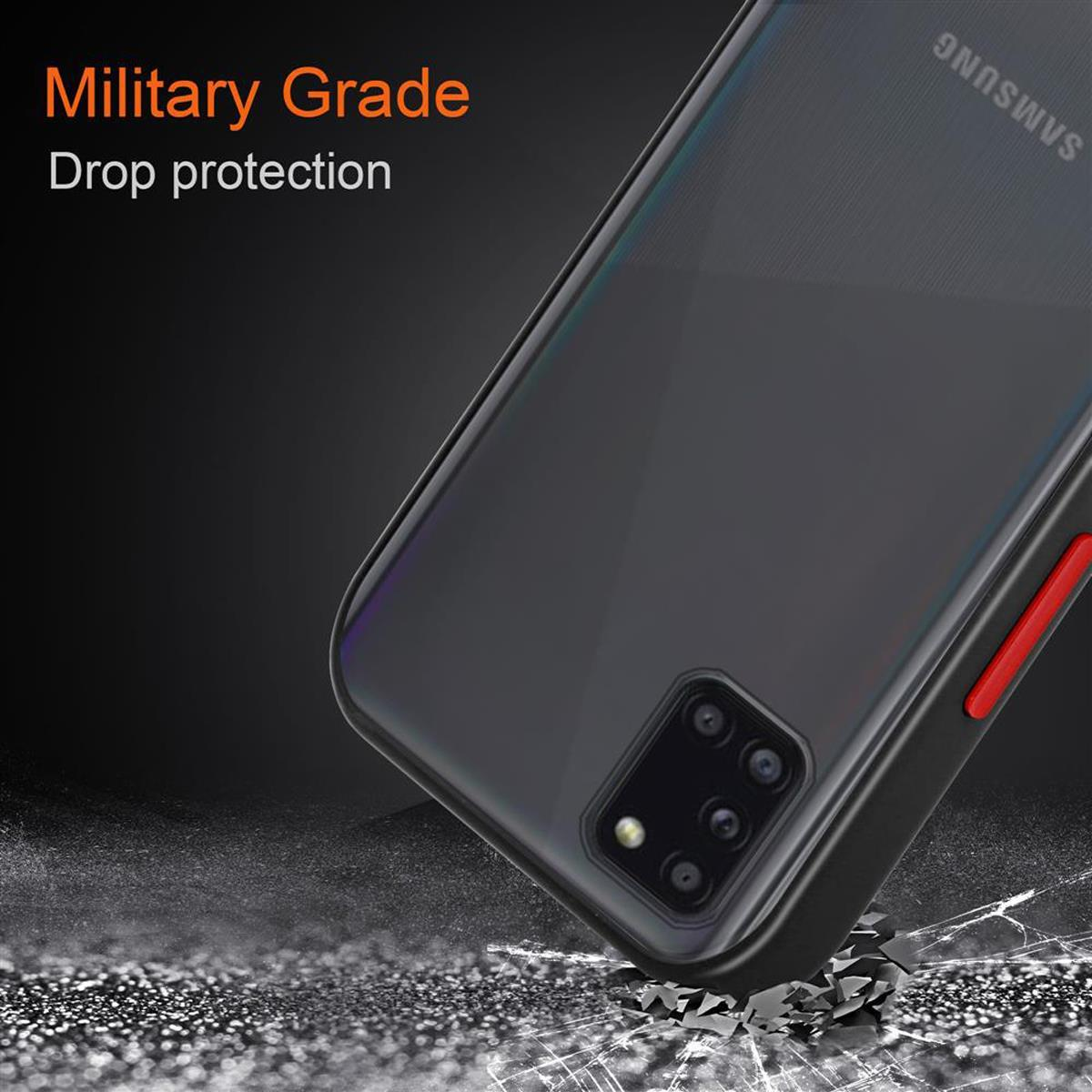 CADORABO Hülle Hybrid Schutzhülle Samsung, Galaxy - Rote Schwarz Tasten TPU Rückseite, Kunststoff Backcover, und mit Silikon Innenseite matter A31, Matt
