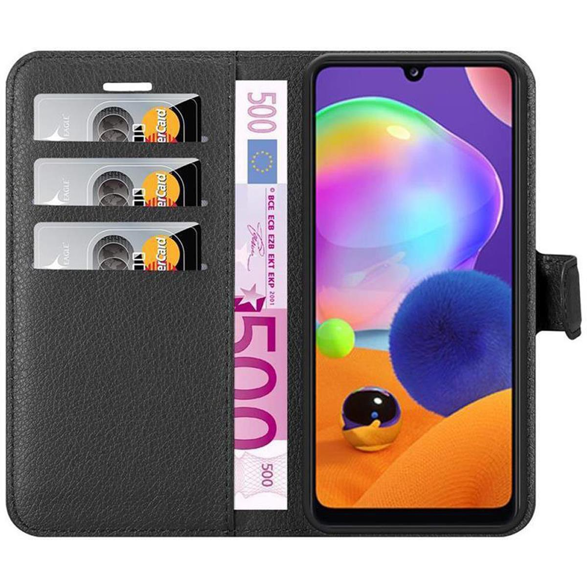 Custodia per telefono nera con slot per carte e contanti. Il telefono mostra uno schermo colorato. Testo: alternativa portafoglio compatto.
