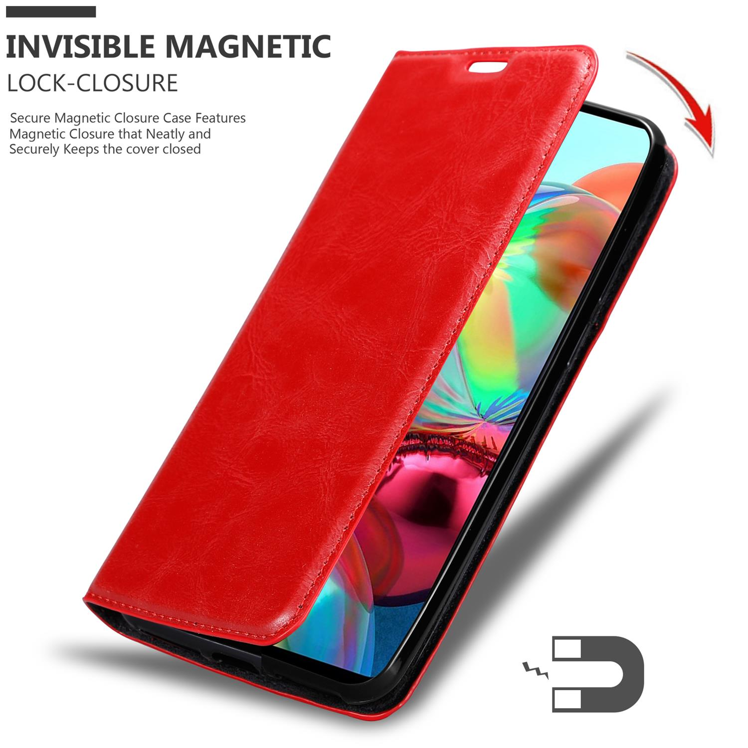 Custodia per telefono in pelle rossa aperta, con telefono all'interno. Il telefono ha uno schermo colorato. Chiusura magnetica.