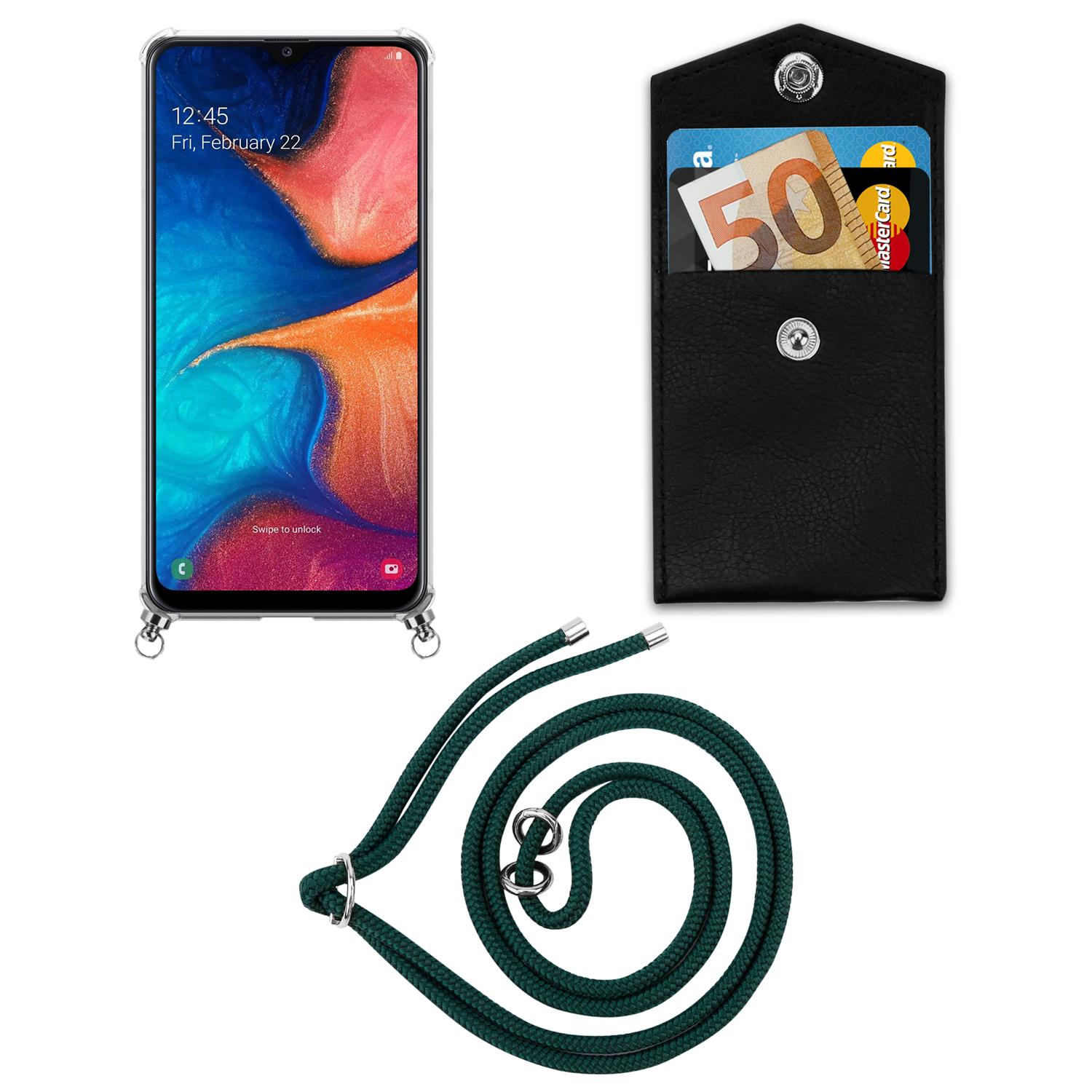 Telefono con custodia trasparente e cinturino verde con porta carte.