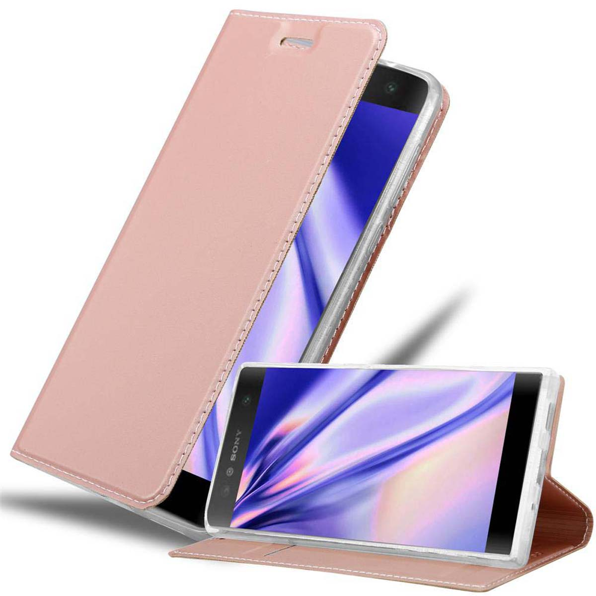 Custodia rosa per telefono, aperta, mostra un telefono con schermo. Similpelle.