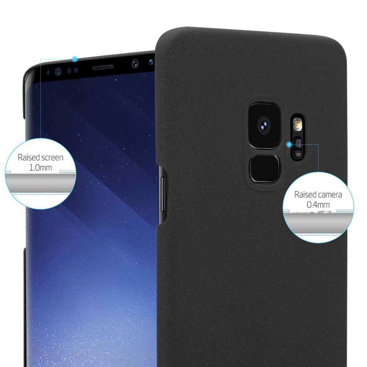 Una custodia per telefono nera con protezione per schermo e fotocamera. Il telefono visualizza l'ora e la data. Testo: Schermo e fotocamera rialzati.