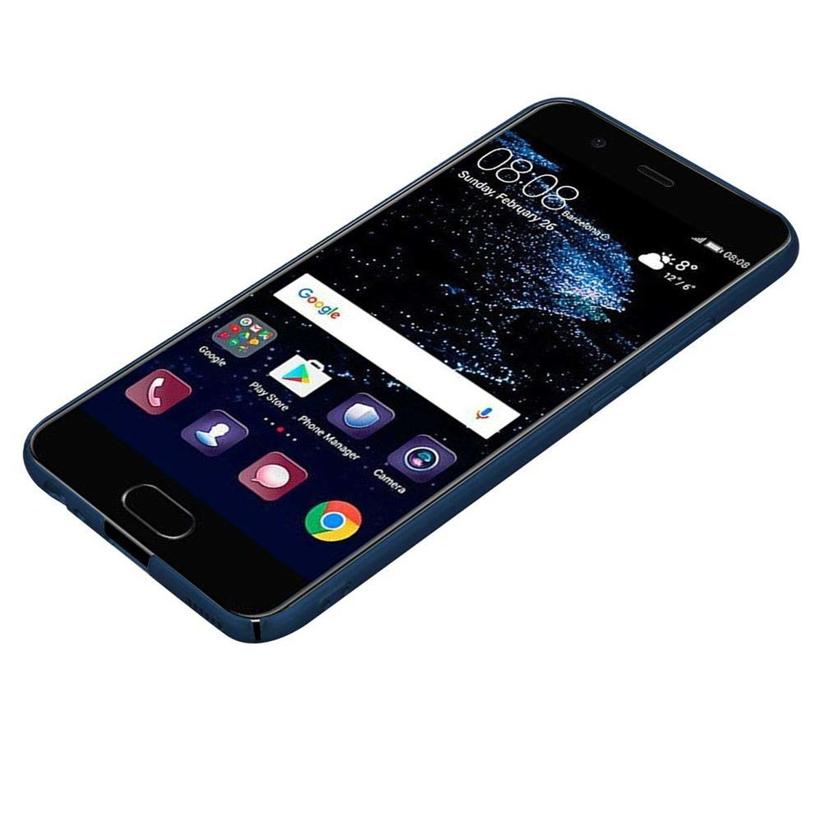 Schwarzes Telefon mit blauem Gehäuse, zeigt App-Symbole auf dem Bildschirm. Wei ßer Hintergrund.