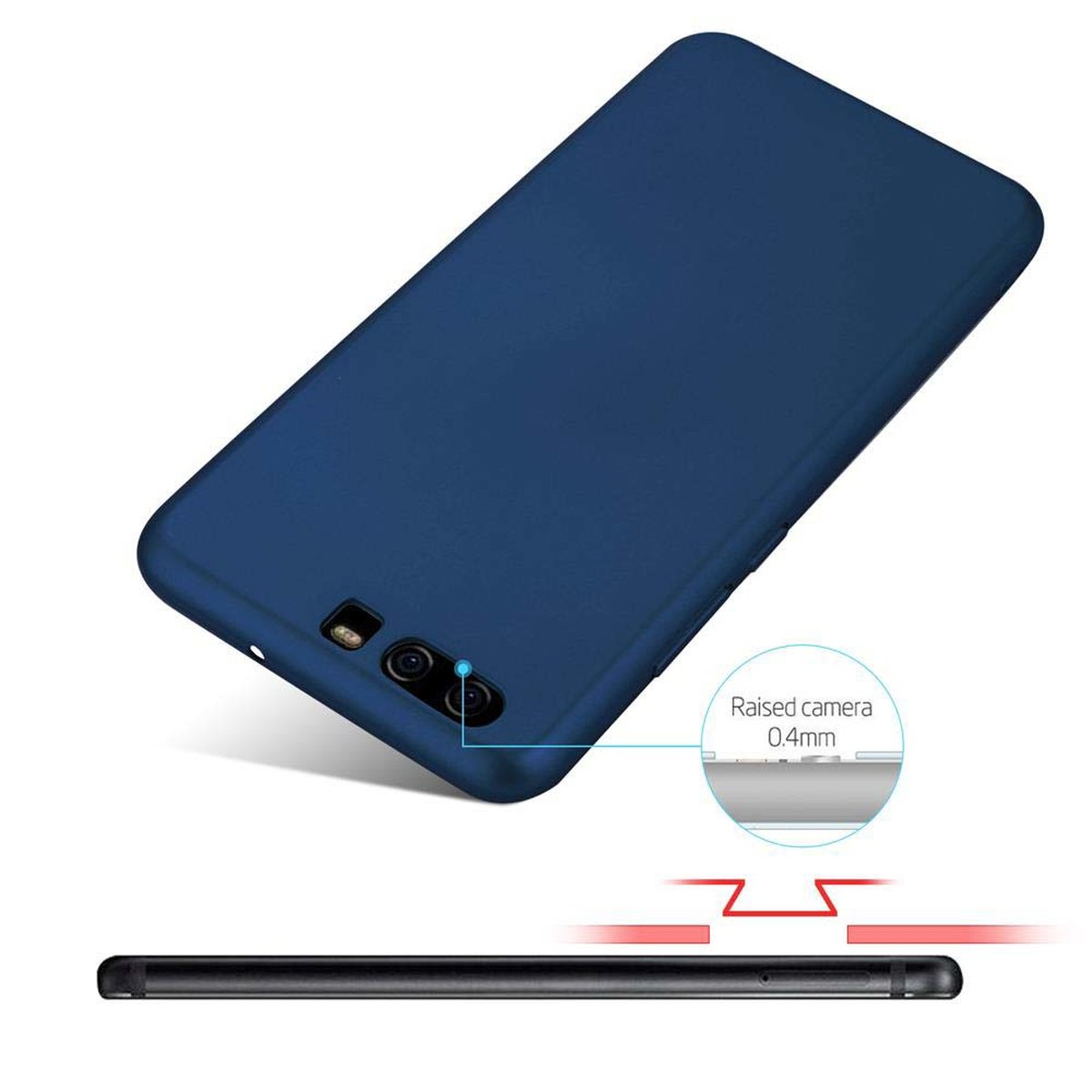 Blaue Handyhülle mit einem Telefon darin. Die Handyhülle ist abgewinkelt. Erhöhte Kamera.