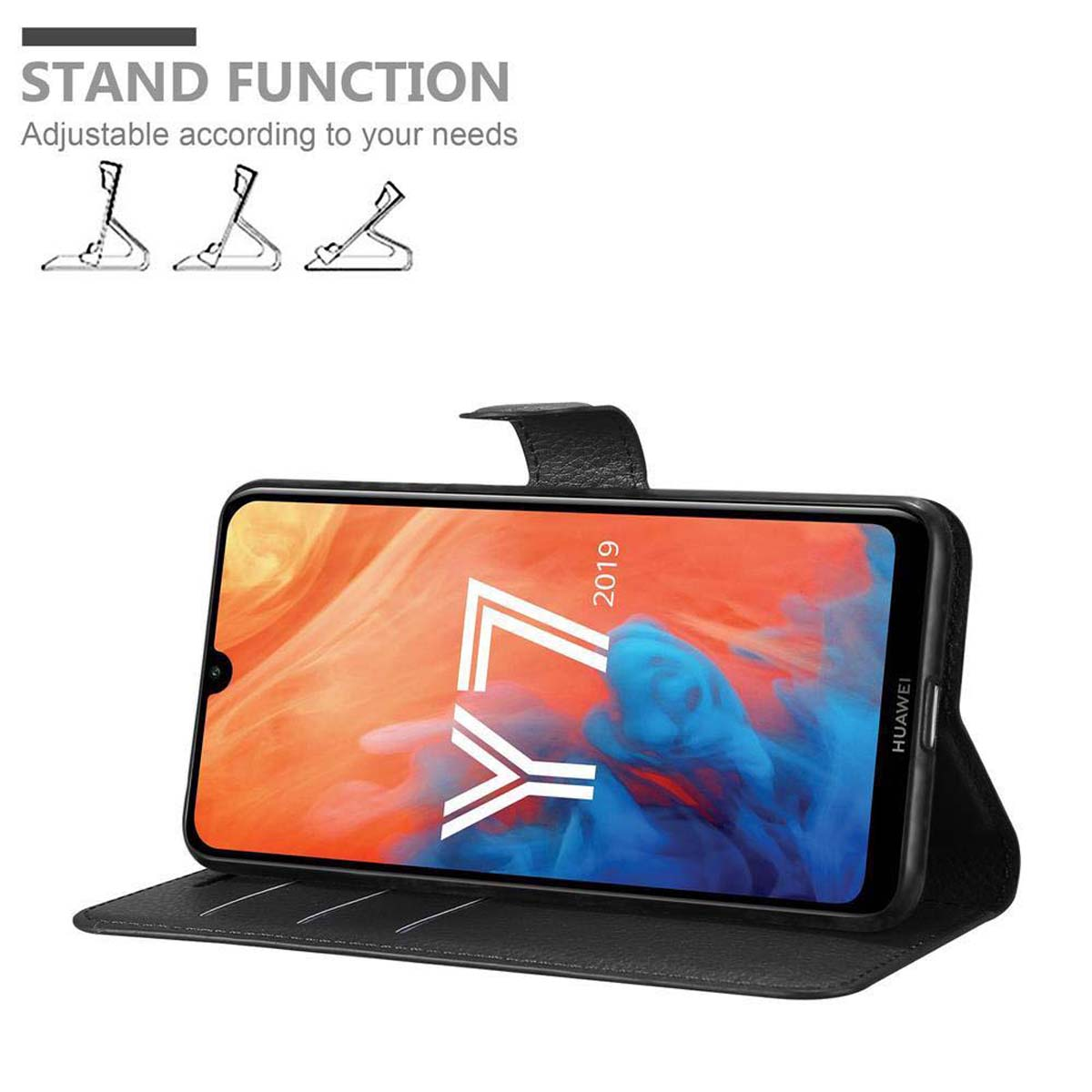 Una custodia nera con telefono all'interno, in piedi con un supporto. Funzione supporto.