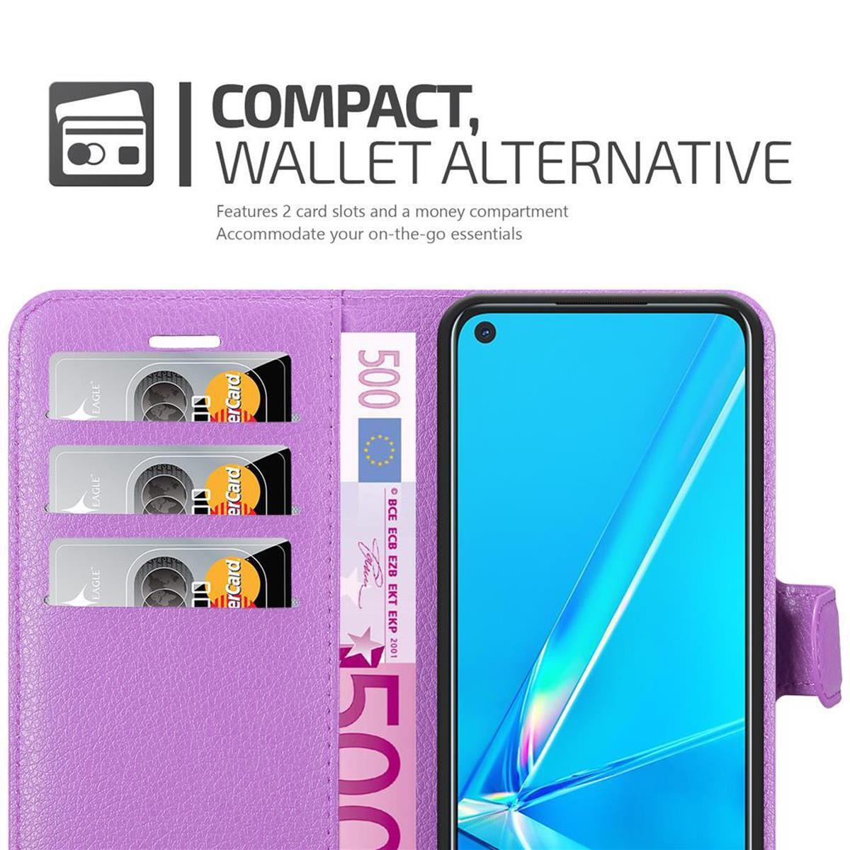 Custodia per telefono a portafoglio viola con tre slot per carte e uno scomparto per banconote. Banconota da 500 euro visibile.