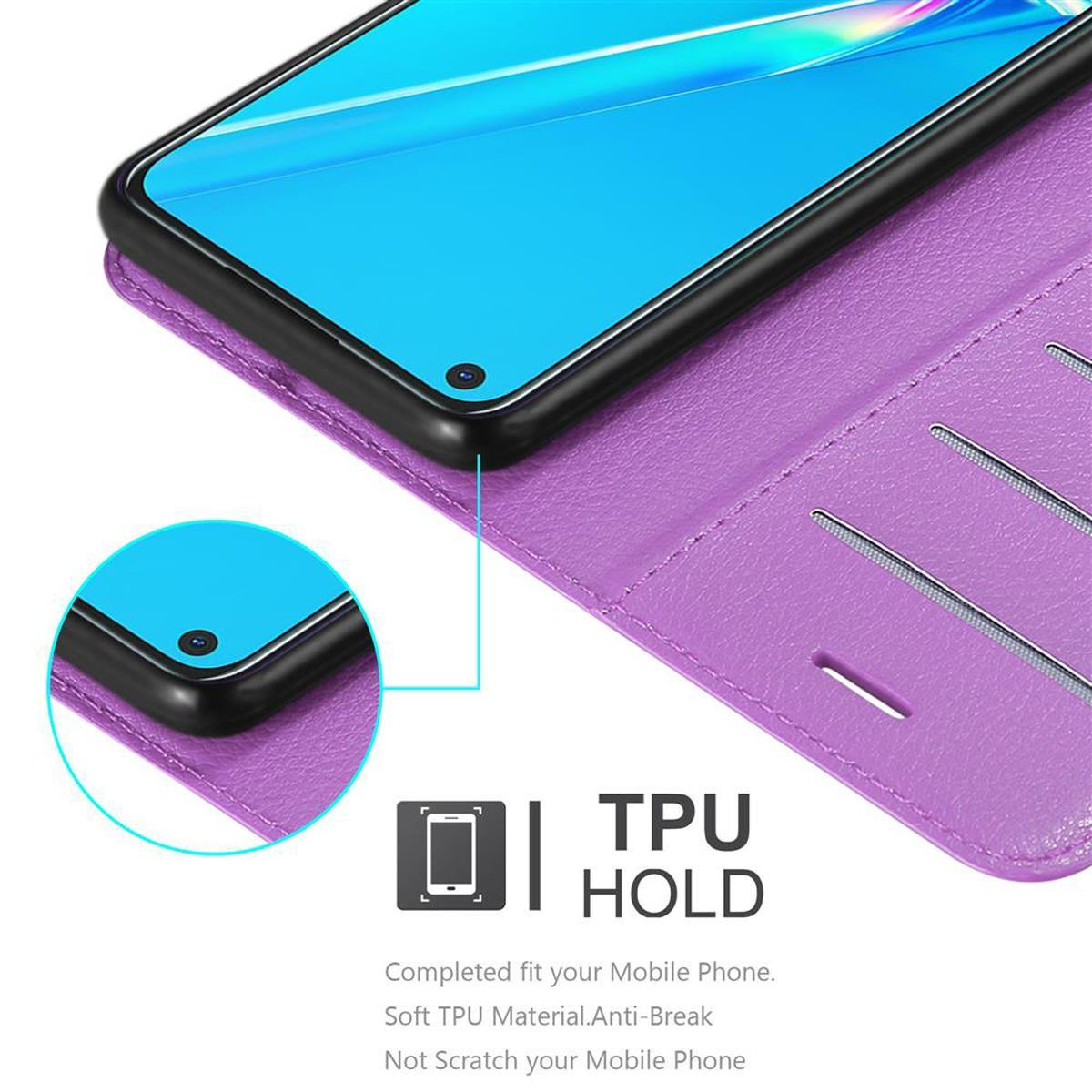 Una custodia viola con un telefono nero all'interno. Lo schermo del telefono è blu.
