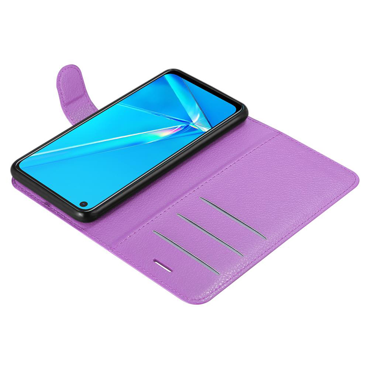 Custodia per telefono viola aperta con un telefono all'interno. Il telefono mostra uno schermo blu con una fotocamera.