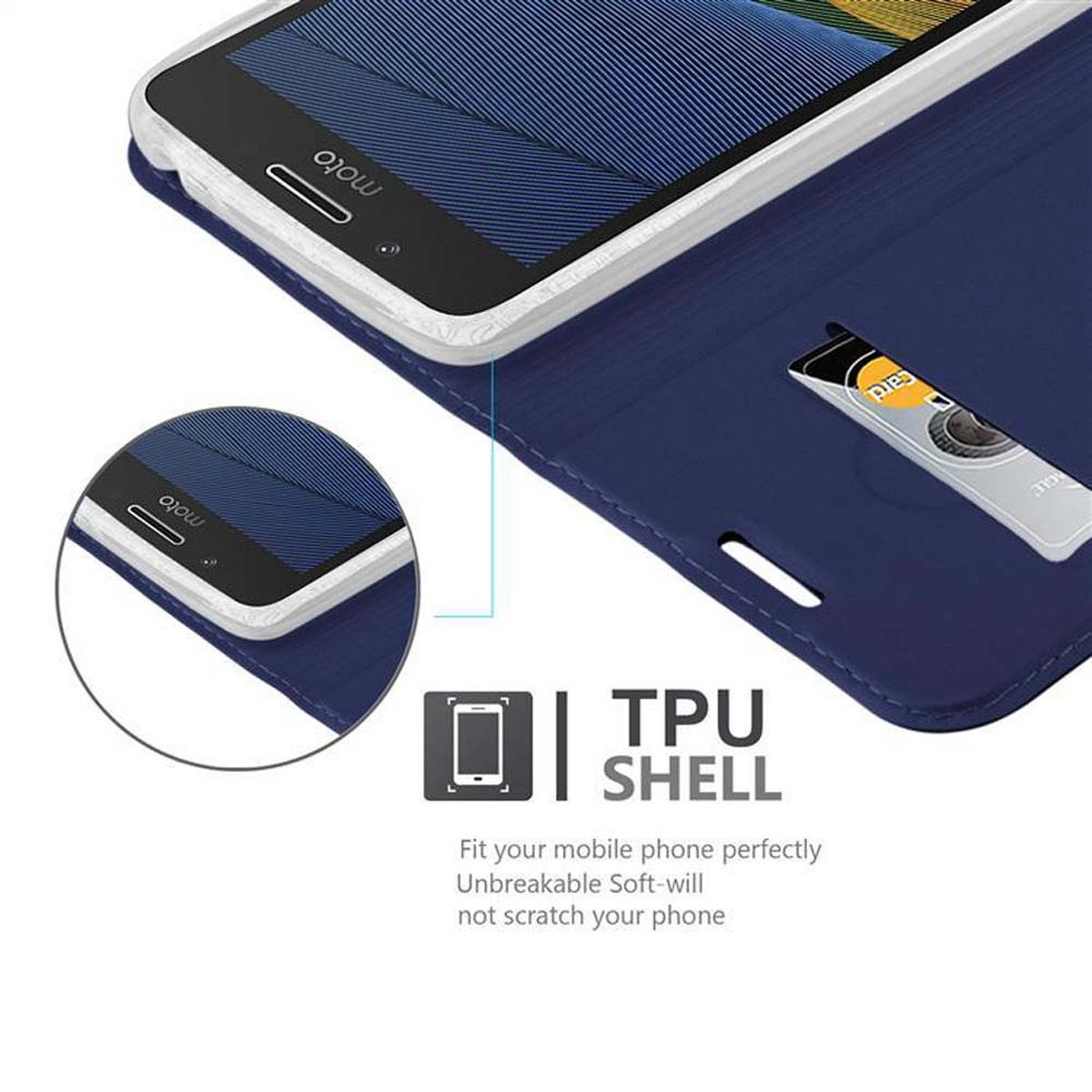 Custodia blu con un telefono dentro. La custodia ha un guscio in TPU.