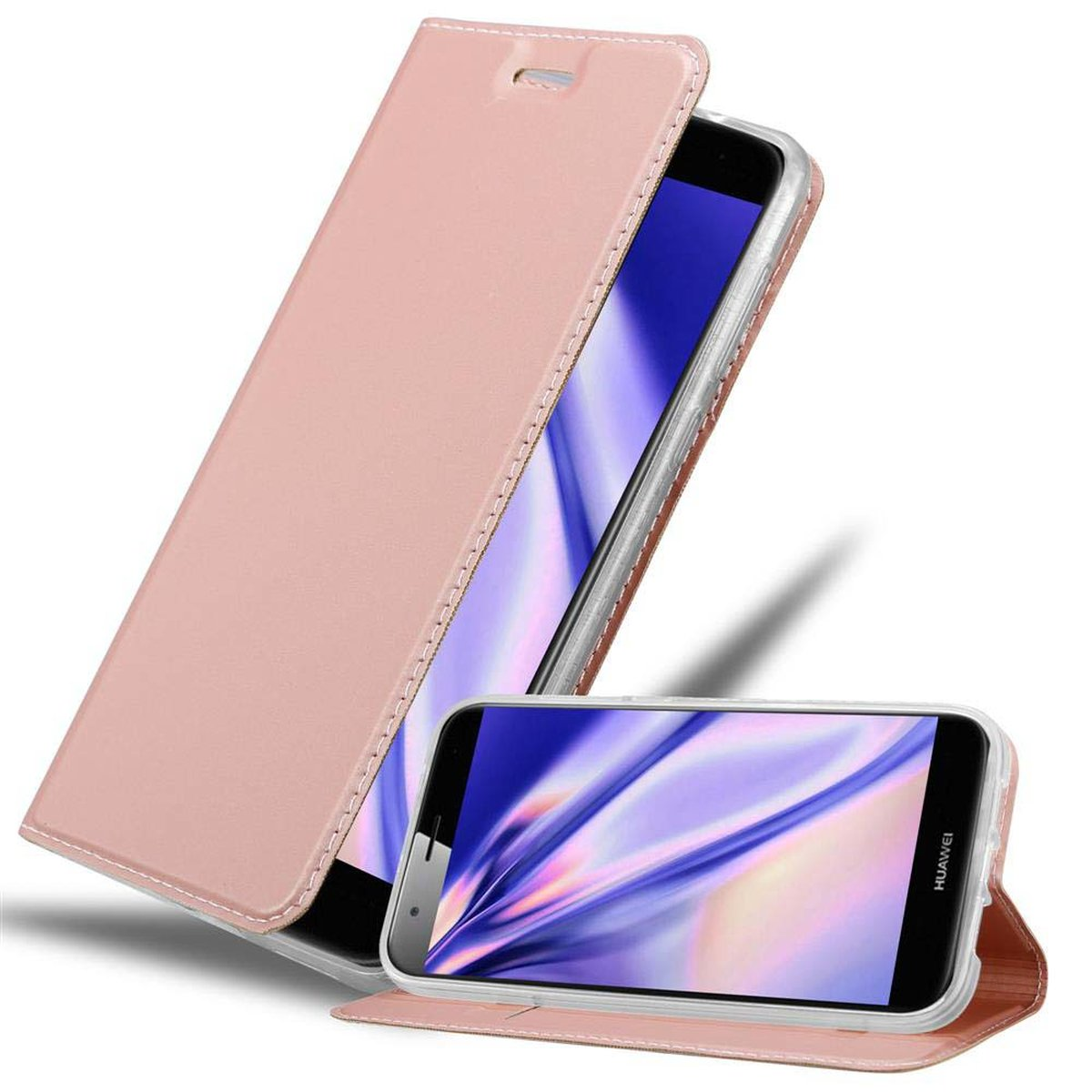 Funda rosa para teléfono, abierta, con teléfono dentro. Segundo teléfono en posición horizontal con la funda abierta.