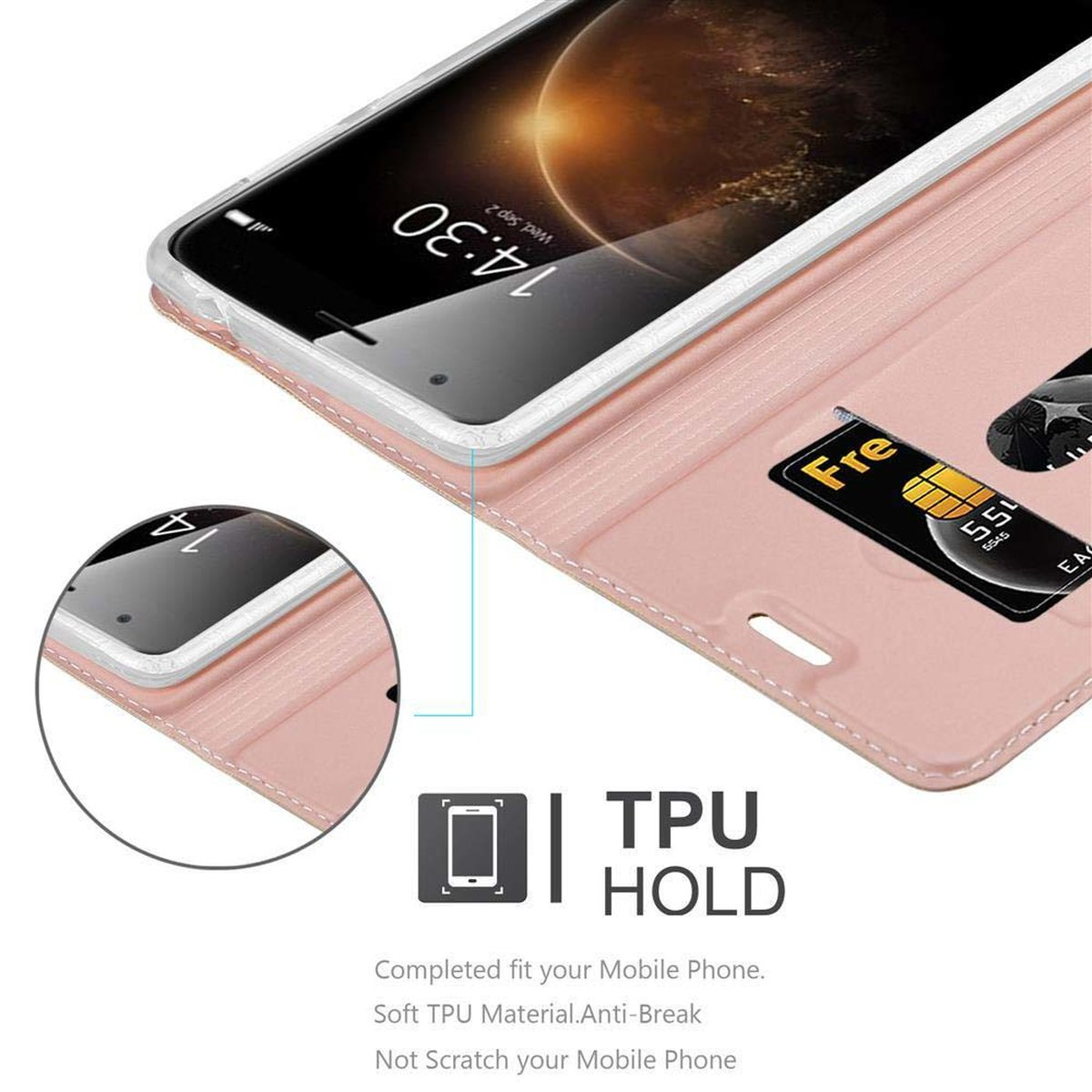 Funda de teléfono rosa con un teléfono dentro. Muestra la pantalla del teléfono y tarjetas en la funda.