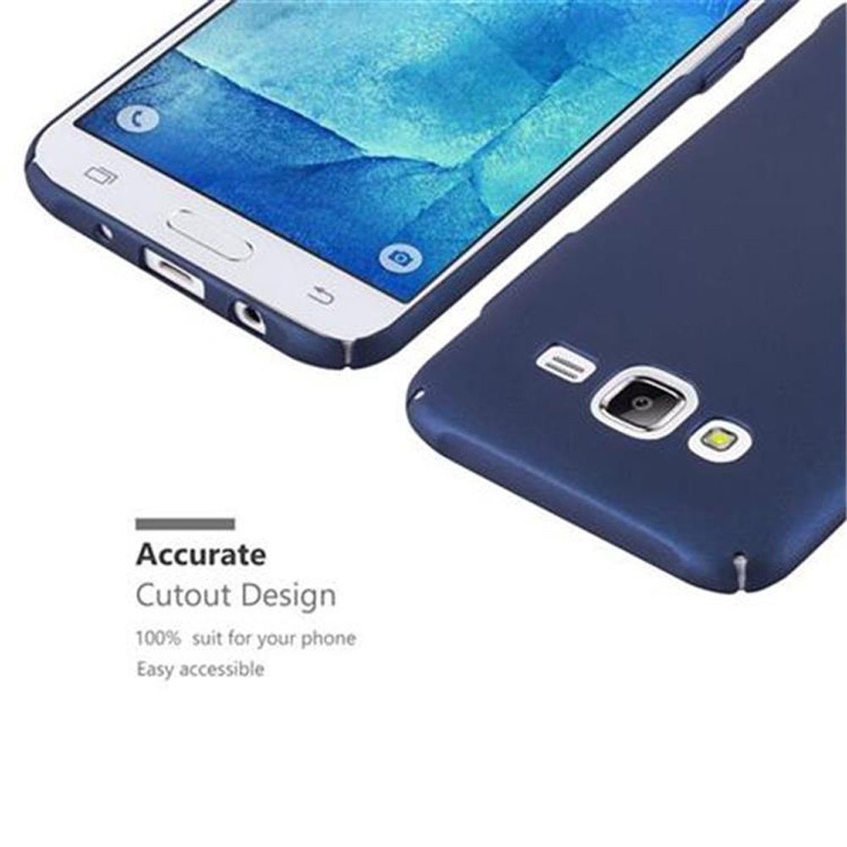 Un telefono e una custodia blu. Il testo recita Design preciso, Adatto al 100% per il tuo telefono.