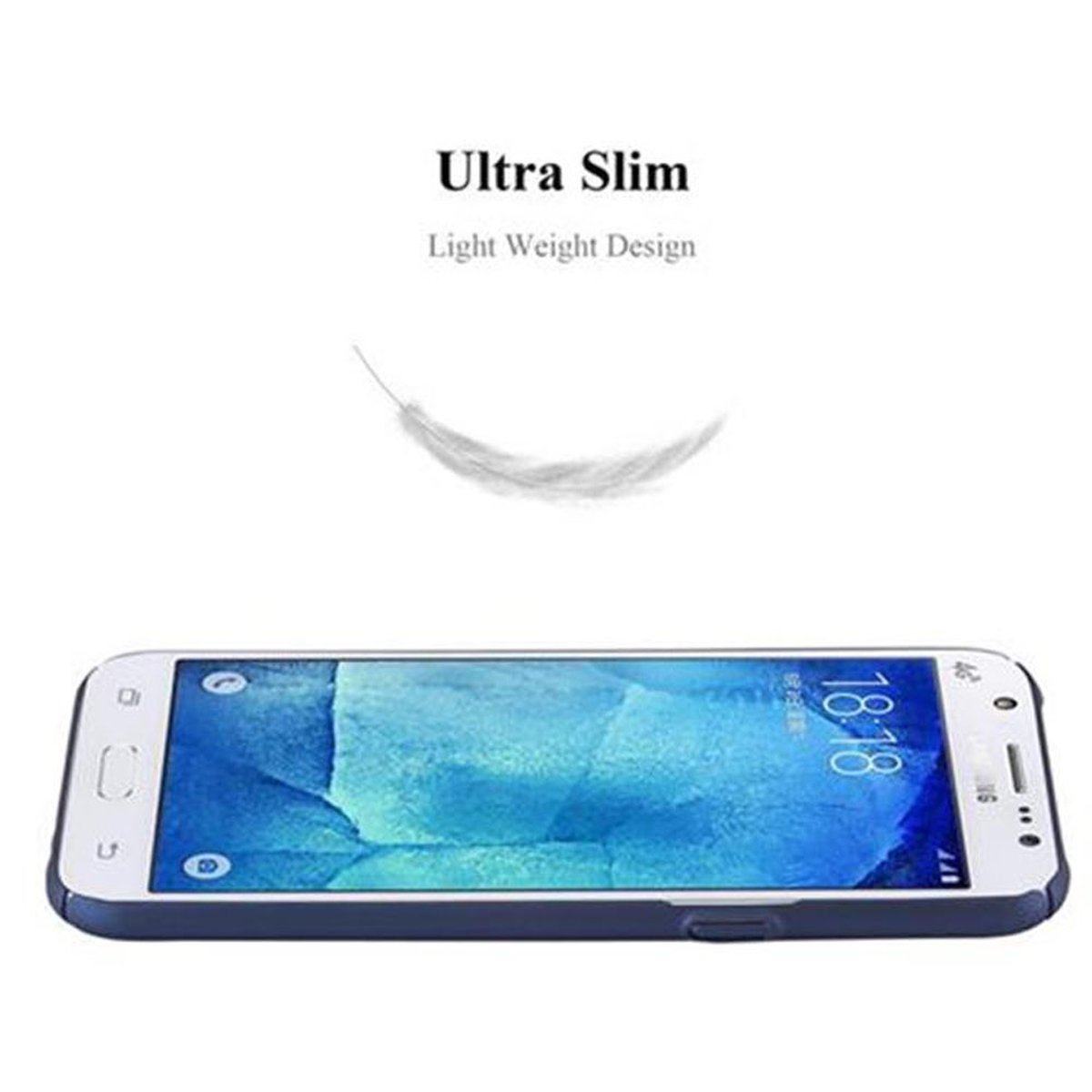 Telefono bianco e blu su sfondo bianco, con una piuma sopra. Il testo dice 'Ultra Slim'.