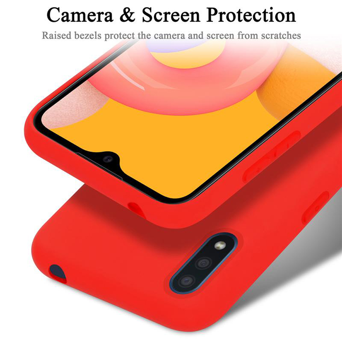 Custodia rossa con telefono all'interno. La custodia superiore è sopra quella inferiore.