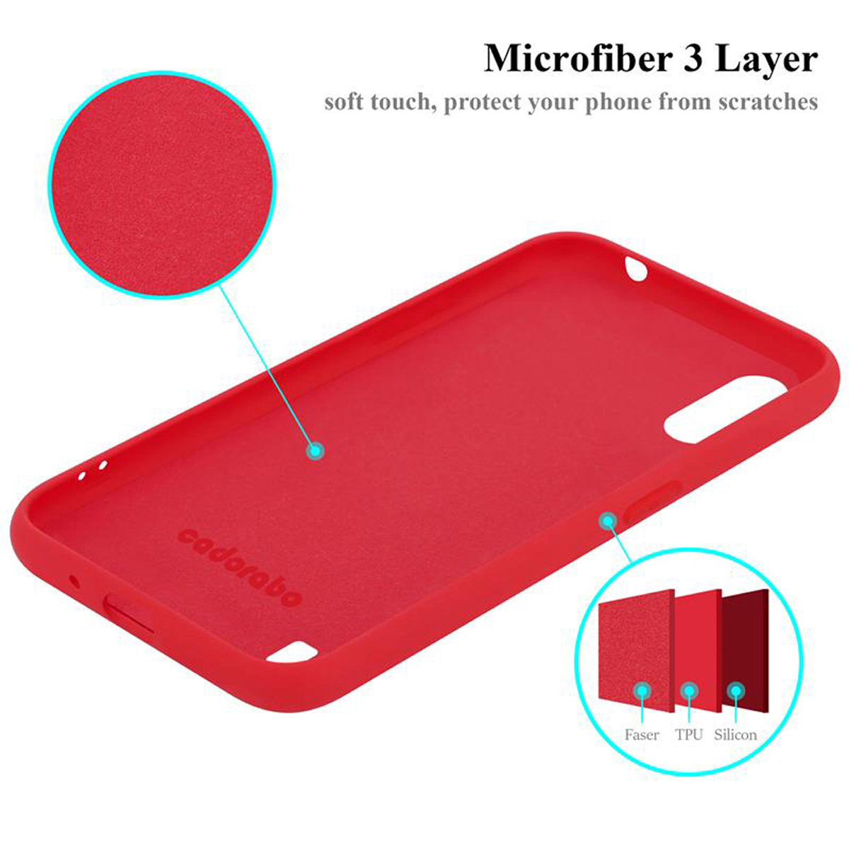Custodia rossa per telefono con diagramma del materiale a strati e testo.