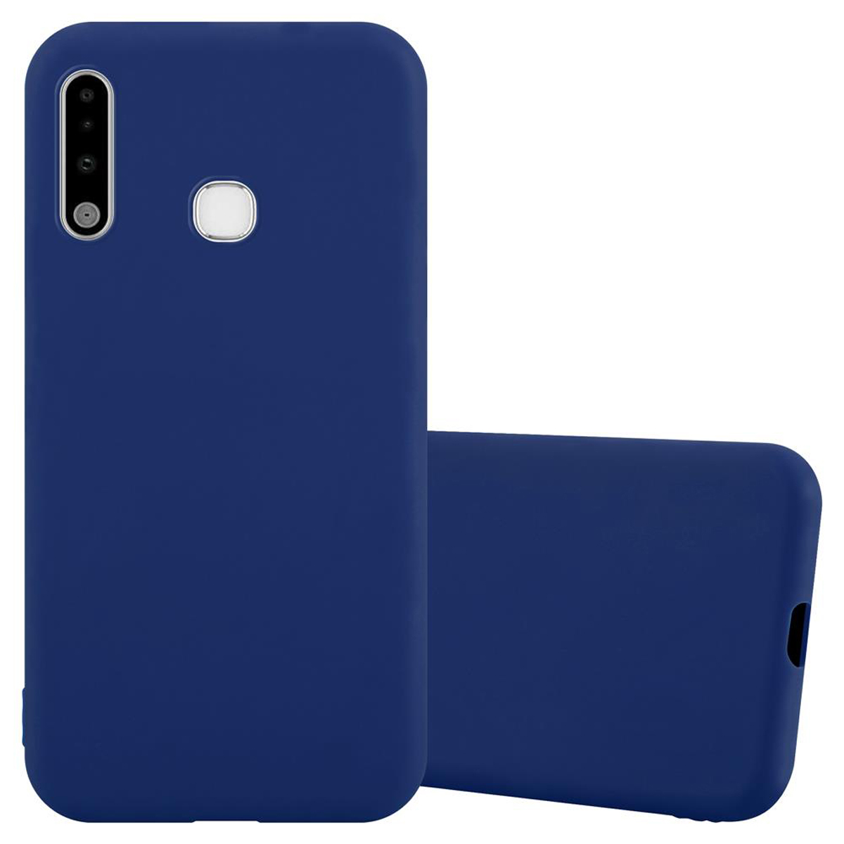 Custodia per telefono blu navy con un ritaglio per la fotocamera e un'altra custodia su sfondo bianco.