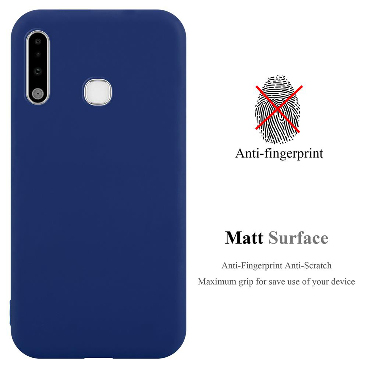 Custodia blu per telefono con fotocamera. Un simbolo di impronta digitale è sbarrato.