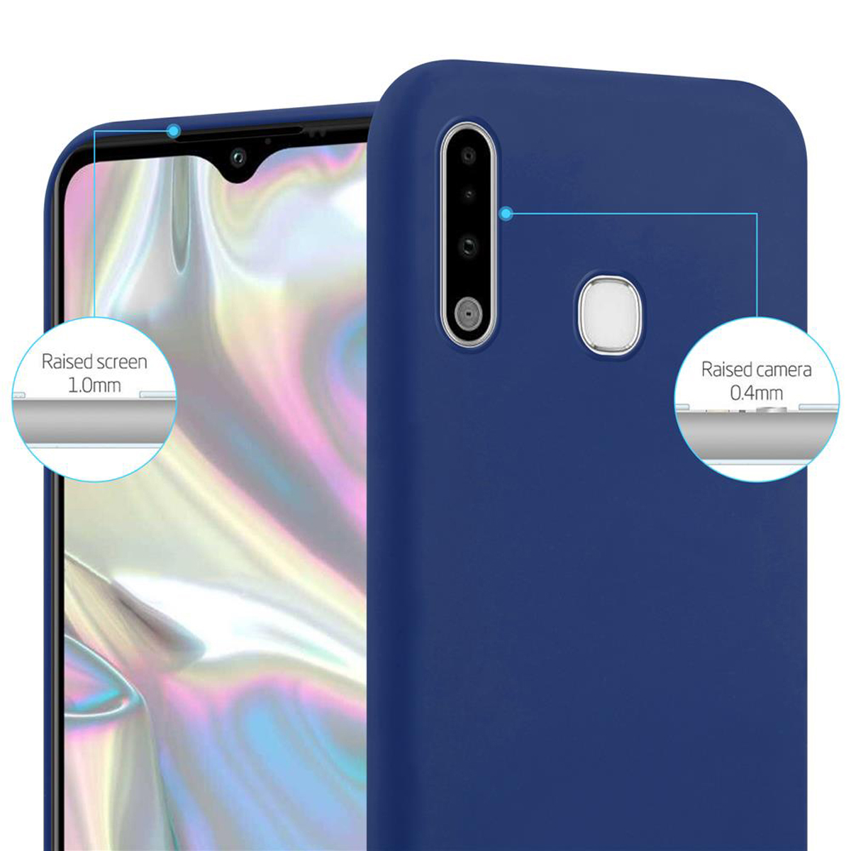Custodia blu con telefono. Dettagli dello schermo e della fotocamera rialzati evidenziati.