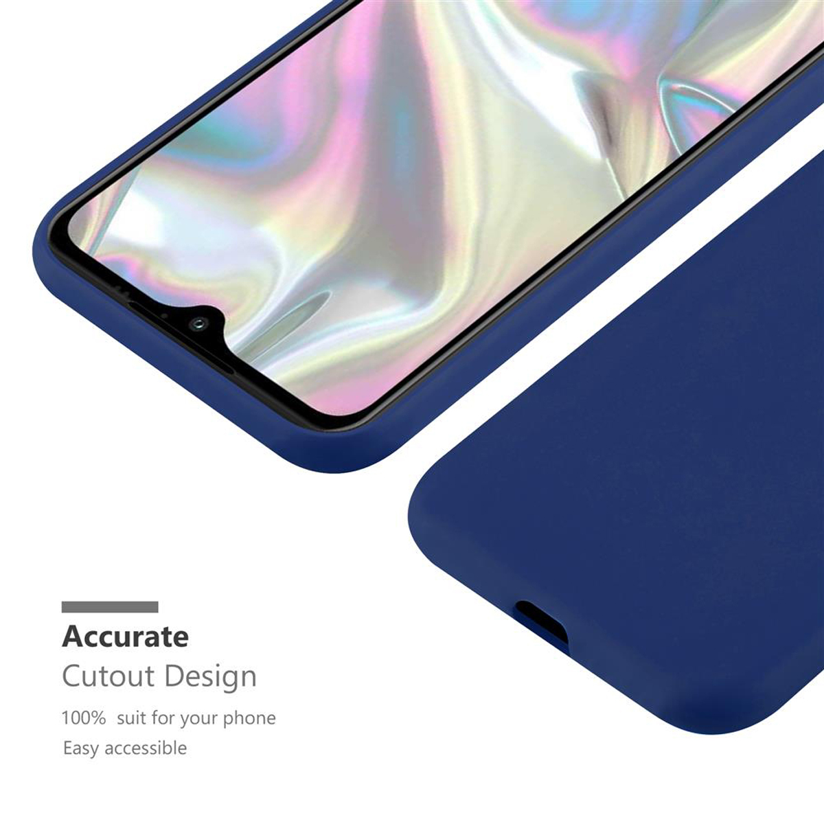 Una custodia blu per telefono con un telefono all'interno. La custodia copre il telefono. Il testo dice 'Accurate Cutout Design'.