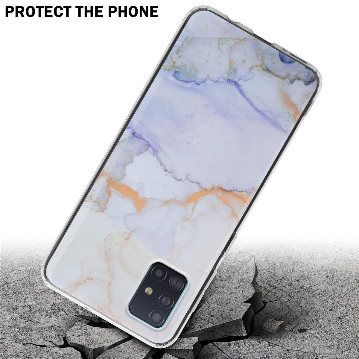 Custodia per telefono con un design marmorizzato su un terreno incrinato, che protegge il telefono.