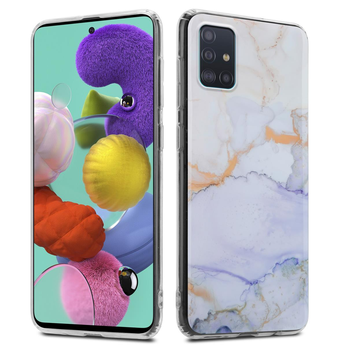Due telefoni in custodie. Uno mostra forme colorate, l'altro un motivo marmorizzato.