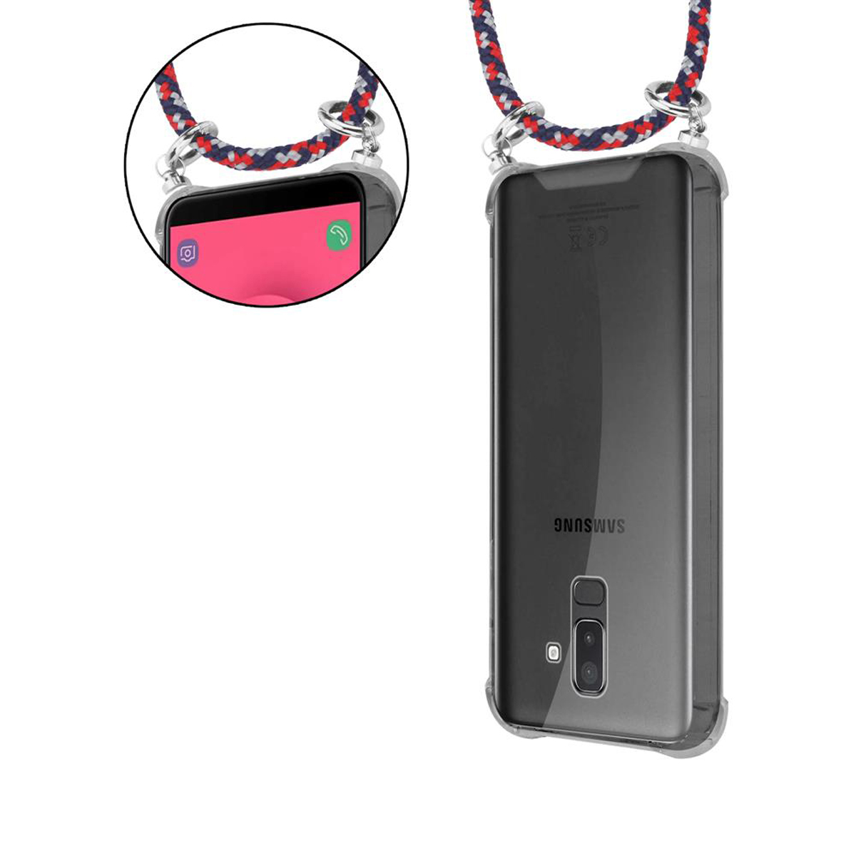 Eine klare Handyhülle mit einem farbenfrohen Riemen. Das Telefon zeigt eine rosa Oberfläche und einen grünen Anrufbutton.
