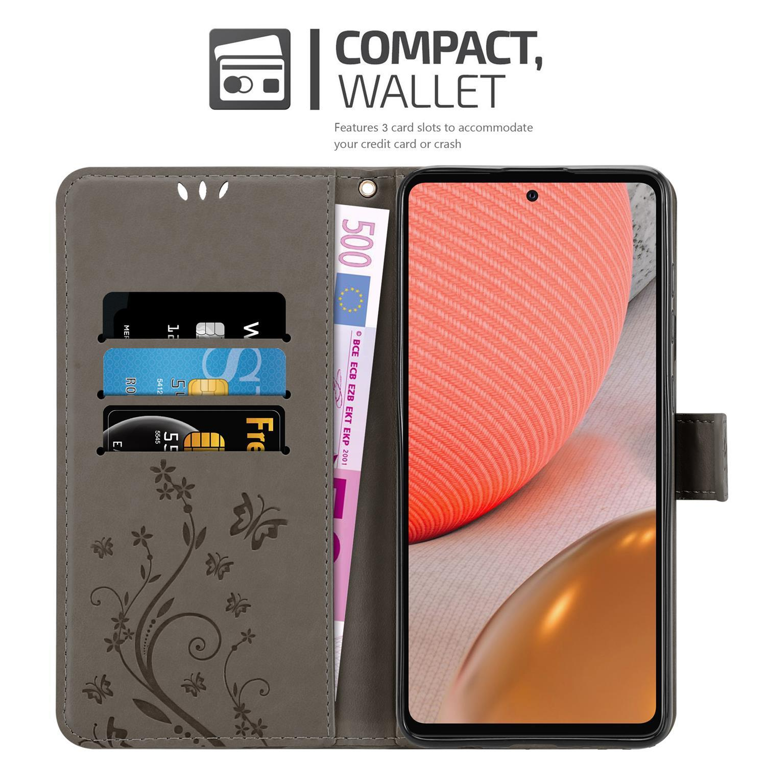 Custodia a portafoglio grigia, con scomparti per carte e denaro all'interno. Il telefono mostra un design colorato.