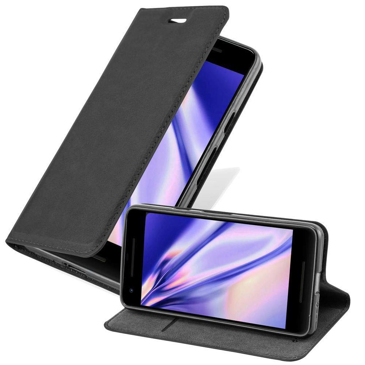 Custodia nera con telefono dentro. Il telefono mostra un'immagine astratta colorata.