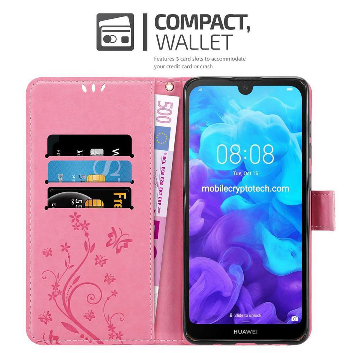 Custodia per telefono rosa con fessura per carte e carta all'interno, che tiene un telefono. Testo: portafoglio compatto, 3 fessure.